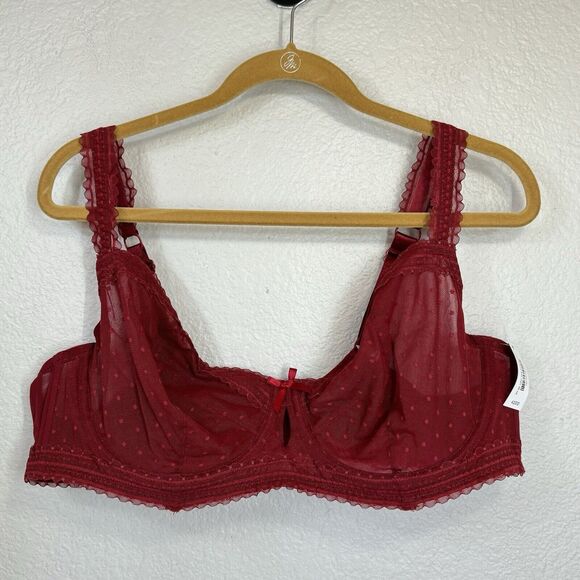 Adore Me Bra Women 42DD Red Lace Sheer Balconette Underwire Unlined Lingerie NEW - Picture 1 of 9